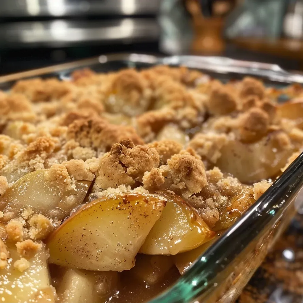 Side view of a freshly baked Autumn Spice Pear Cobbler, with visible pear filling and a crispy crust.