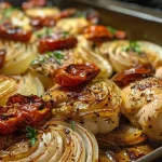 Close-up view of juicy baked chicken topped with caramelized onions and sun-dried tomatoes.