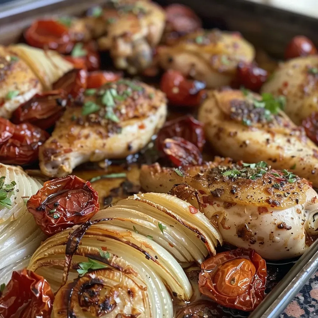 Side view of a dish featuring succulent baked chicken thighs with golden caramelized onions.