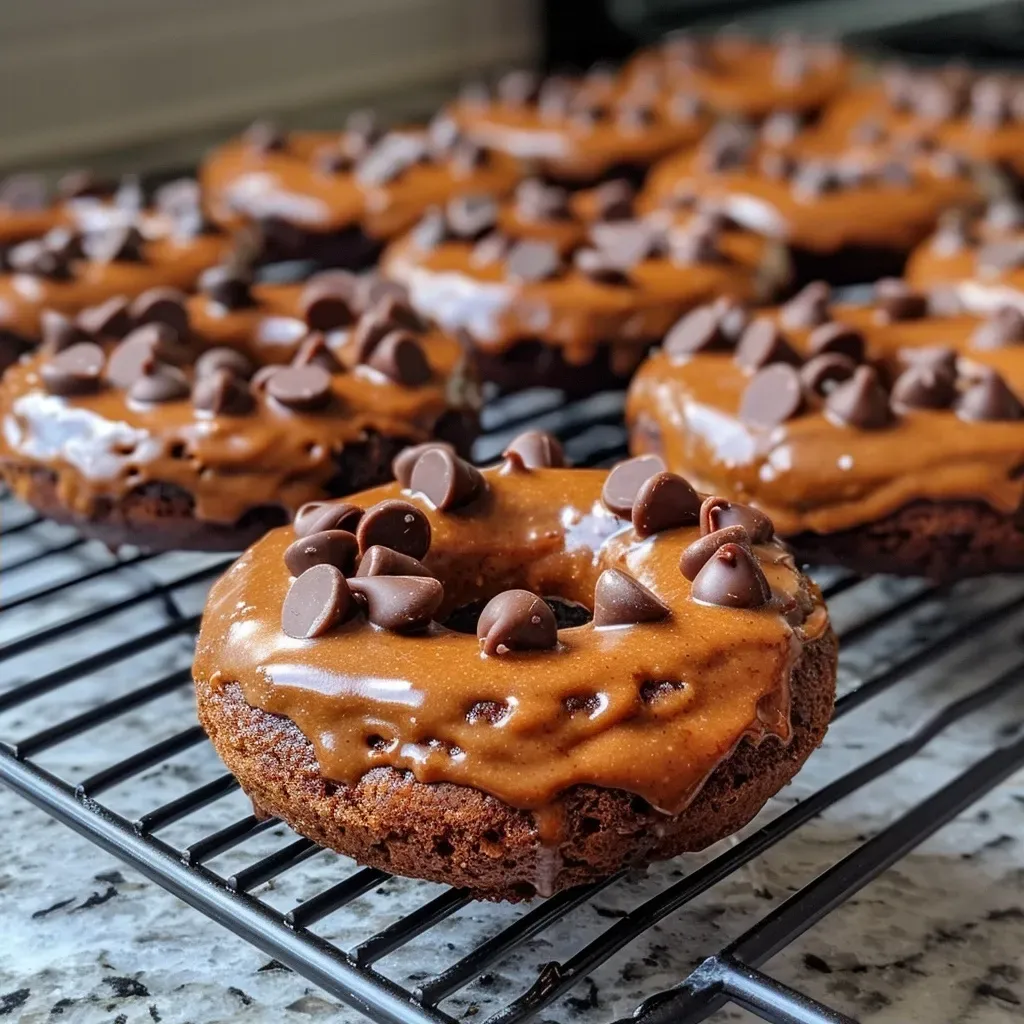 Side view of a moist pumpkin spice donut featuring chocolate chips.