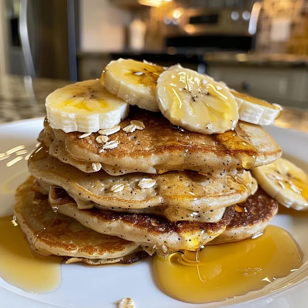 Side view of fluffy banana protein pancakes topped with sliced bananas.