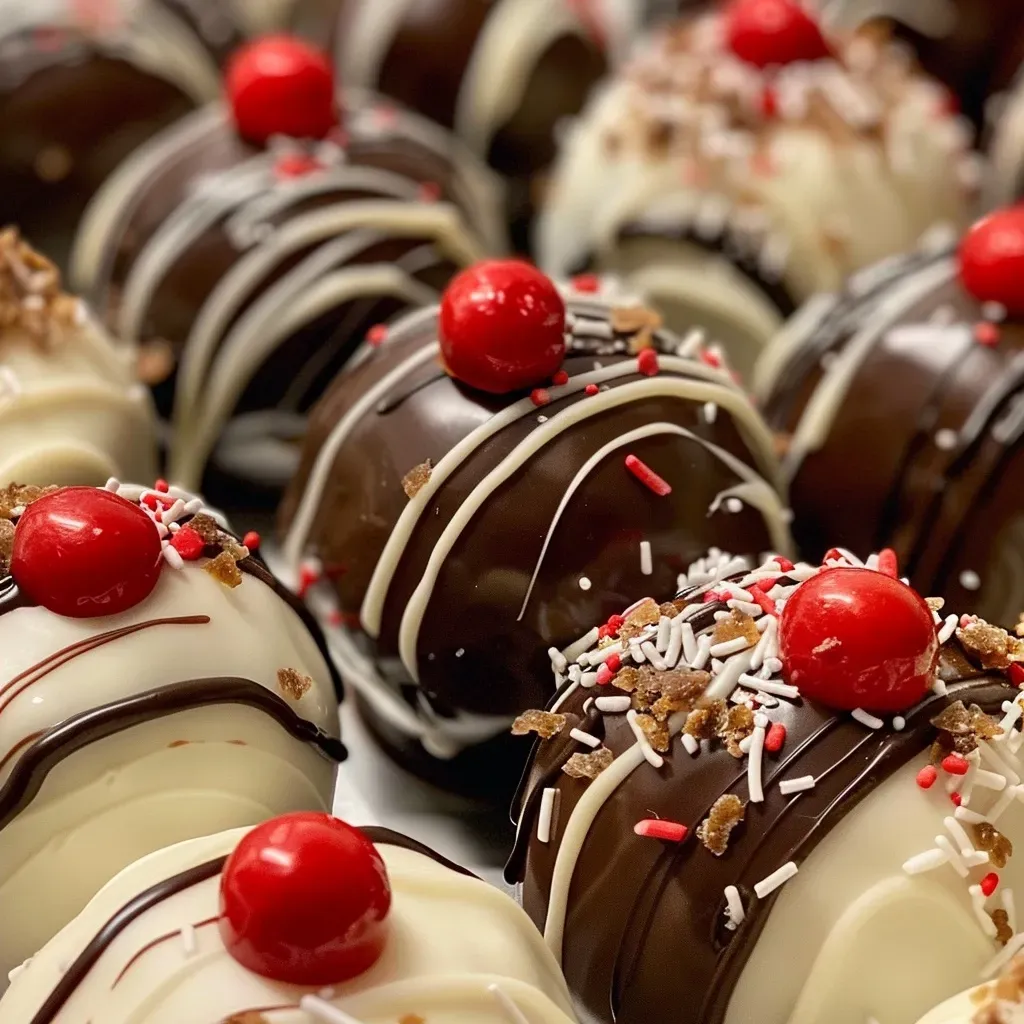 Side view of several Banana Split Truffles drizzled with chocolate and colorful sprinkles.
