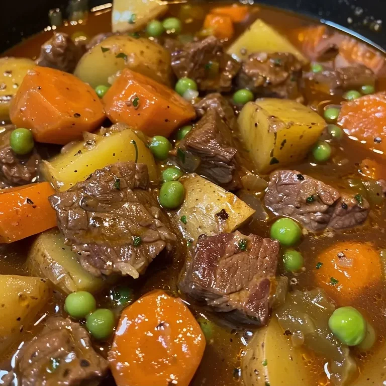 Hearty Beef Stew: A Flavorful Embrace of Home Cooking Close-up of a hearty beef stew with vegetables in a bowl.