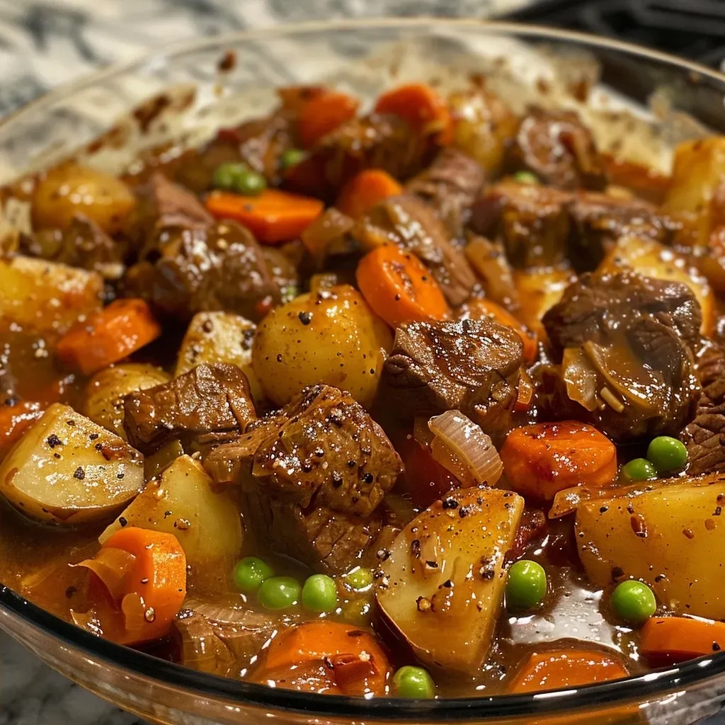 Side view of delicious beef stew featuring tender meat and potatoes.