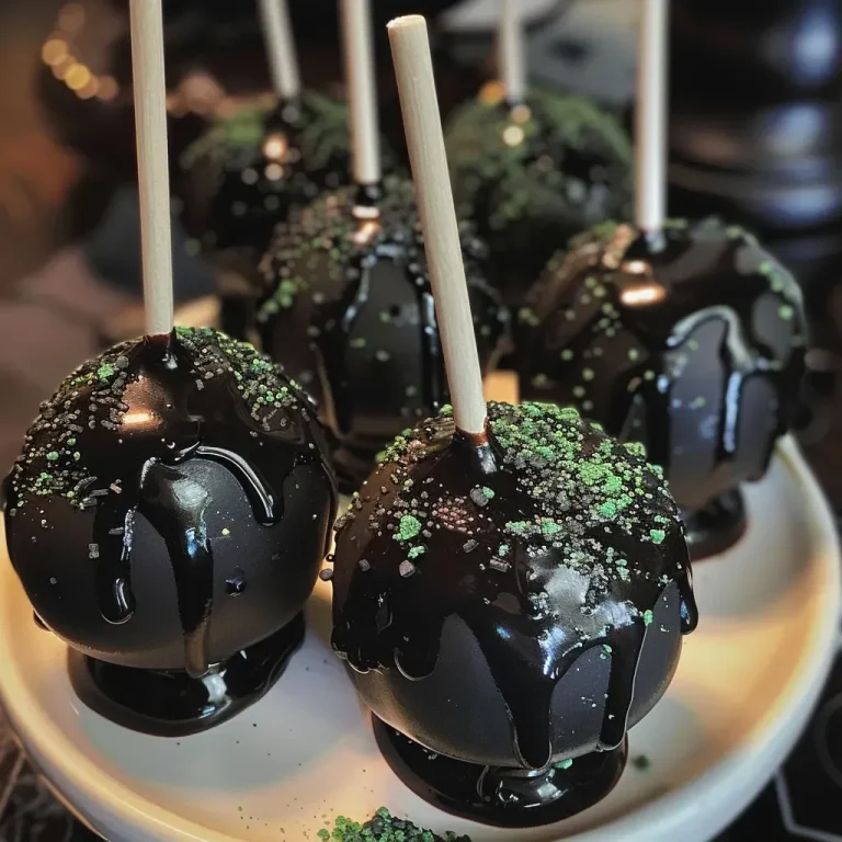Close-up side view of black chocolate cauldron cake pops with a glossy finish.
