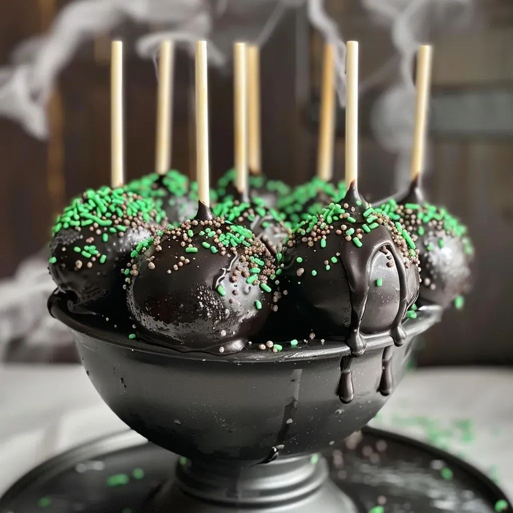 A detailed shot of decorated cake pops resembling cauldrons, featuring black chocolate and green accents.
