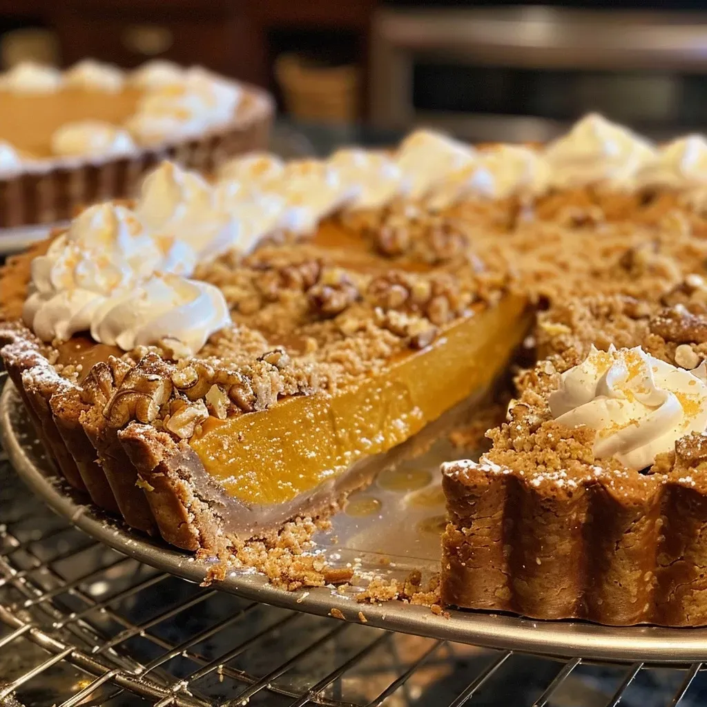 Side view of a delicious Bourbon Pumpkin Tart showcasing its crust and filling.