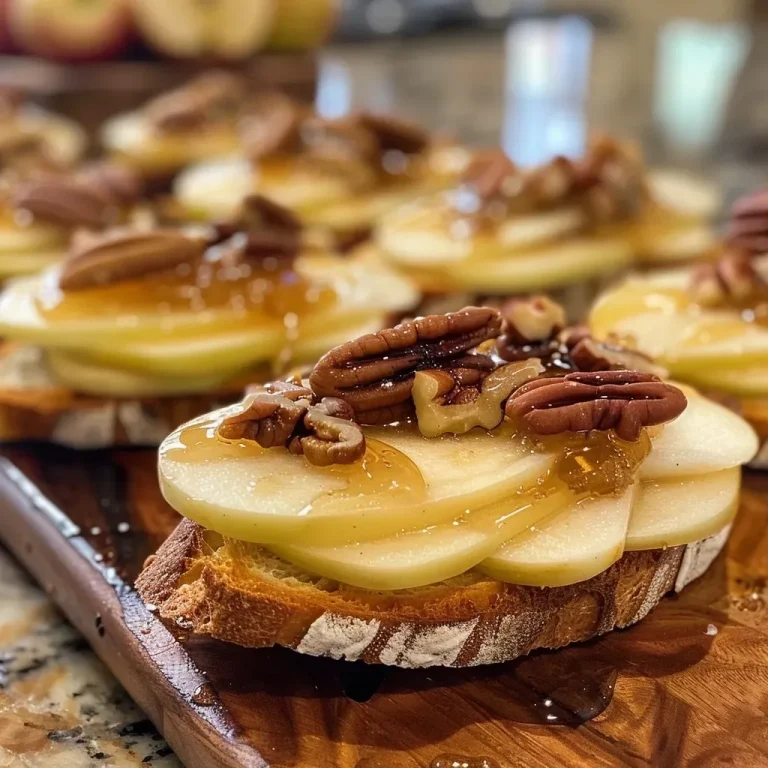 Elevate Your Entertaining with Brie, Apple, and Honey Crostini Close-up view of crostini topped with brie, apple slices, and honey.