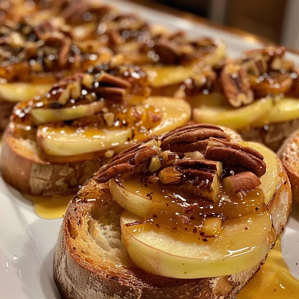 Side view of a platter featuring Brie Apple Honey Crostini with nuts.