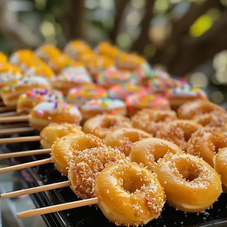 Crafting Whimsical Broomstick Party Skewers for Your Next Celebration Close-up side view of colorful Broomstick Party Skewers decorated with mini donuts, displayed on a wooden surface.