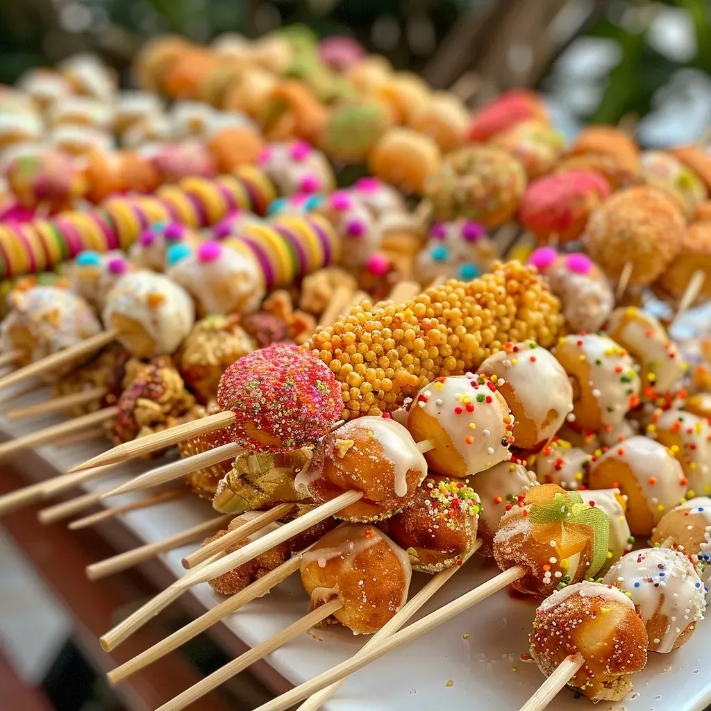 Detailed view of Broomstick Party Skewers made with bamboo sticks and adorned with mini donuts, captured in natural light.
