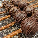 Close-up view of chocolate truffles with pretzel sticks, showcasing a side angle.