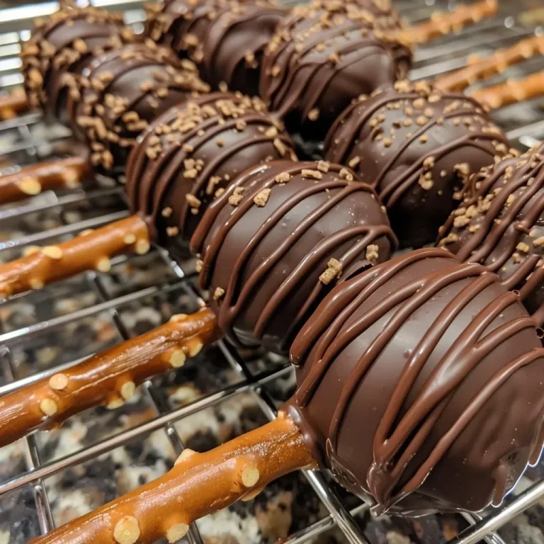Close-up view of chocolate truffles with pretzel sticks, showcasing a side angle.