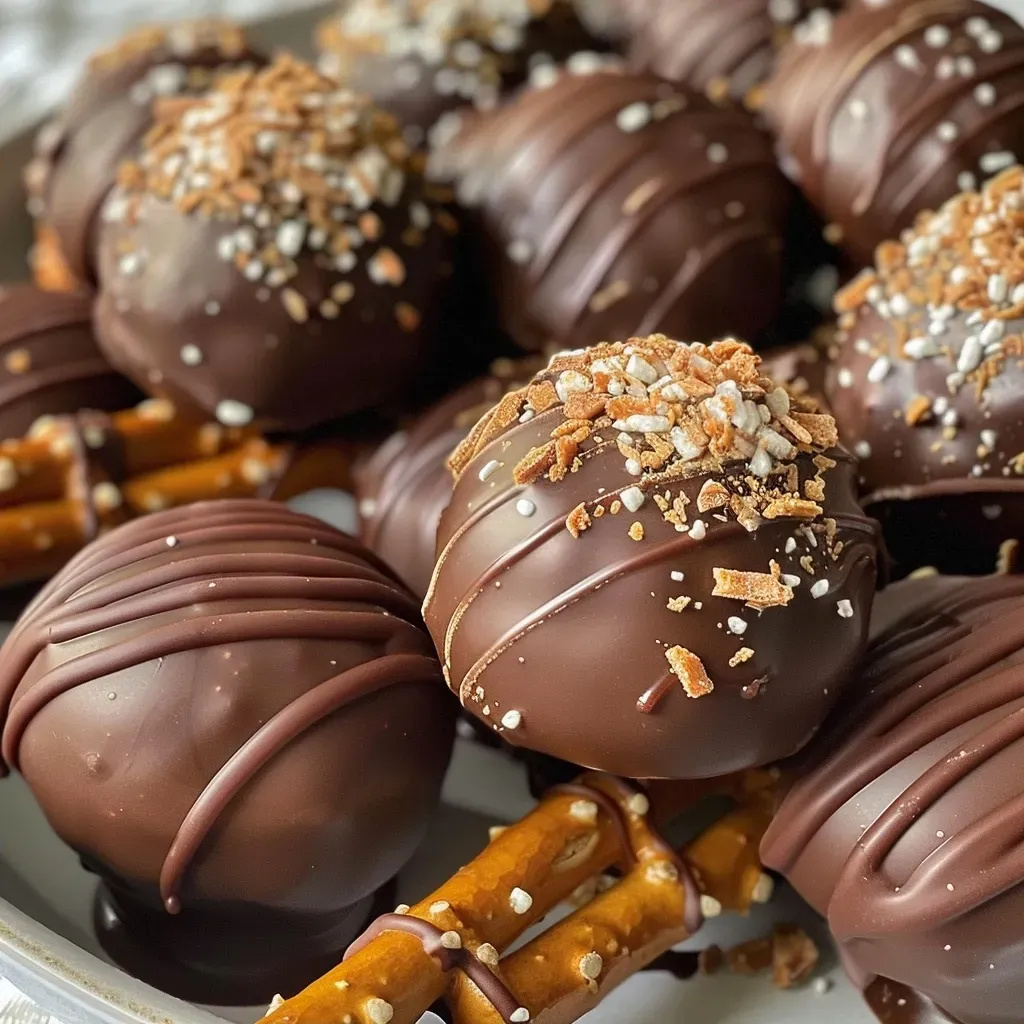 Side view of Broomstick Truffles, highlighting their chocolate coating and pretzel details.