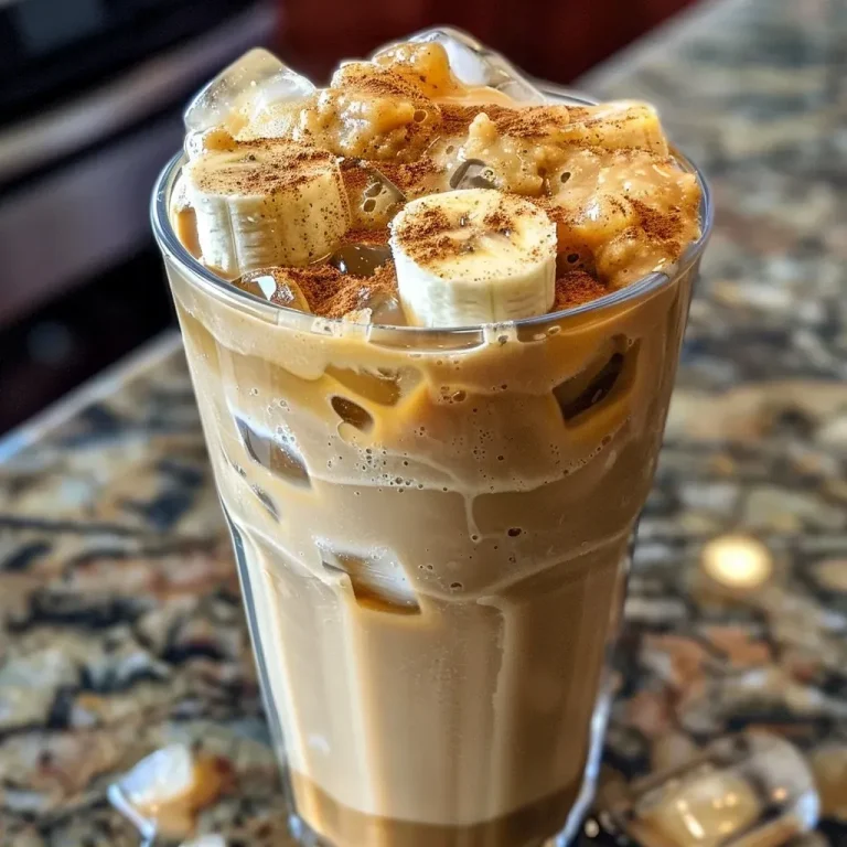 Indulging in the Creamy Bliss of Brown Butter Banana Bread Iced Latte Close-up view of a Brown Butter Banana Bread Iced Latte with visible ice and banana pieces.