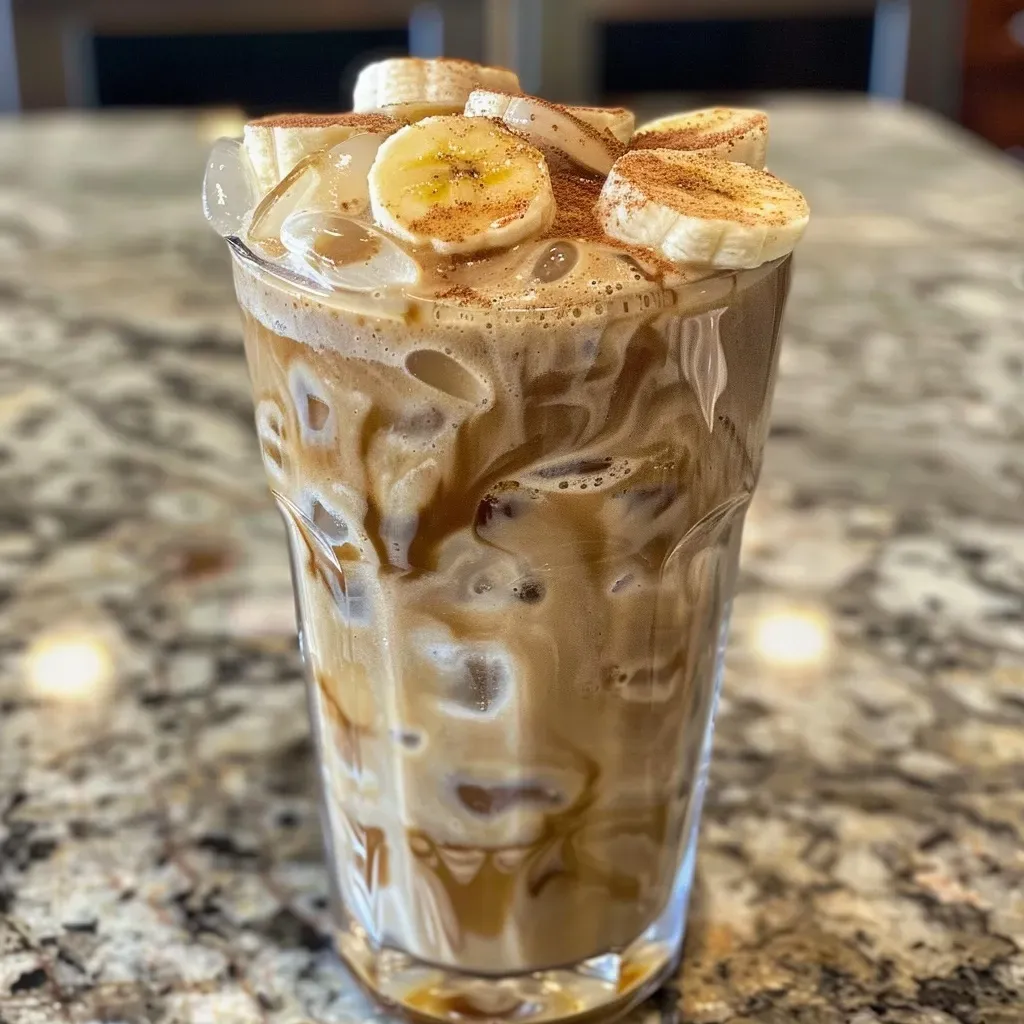 Side angle of a refreshing iced latte topped with banana and cream, served in a clear glass.