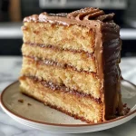 A close-up side view of a luscious Brown Butter Caramel Cake, showcasing its moist layers and caramel glaze.
