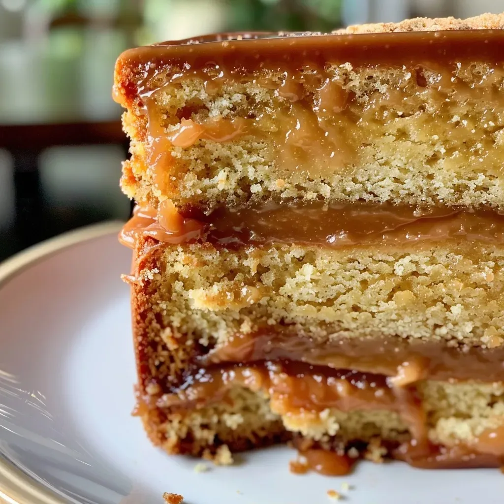 Side view of a decadent Brown Butter Caramel Cake, highlighting the rich topping and cake texture.