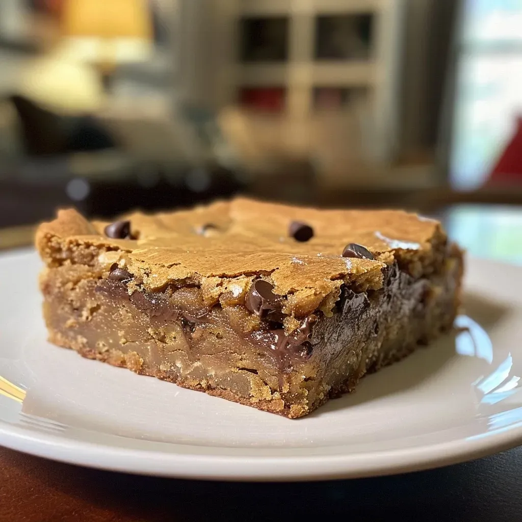 Close-up of rich chocolate chip blondies, showcasing a soft, chewy texture.