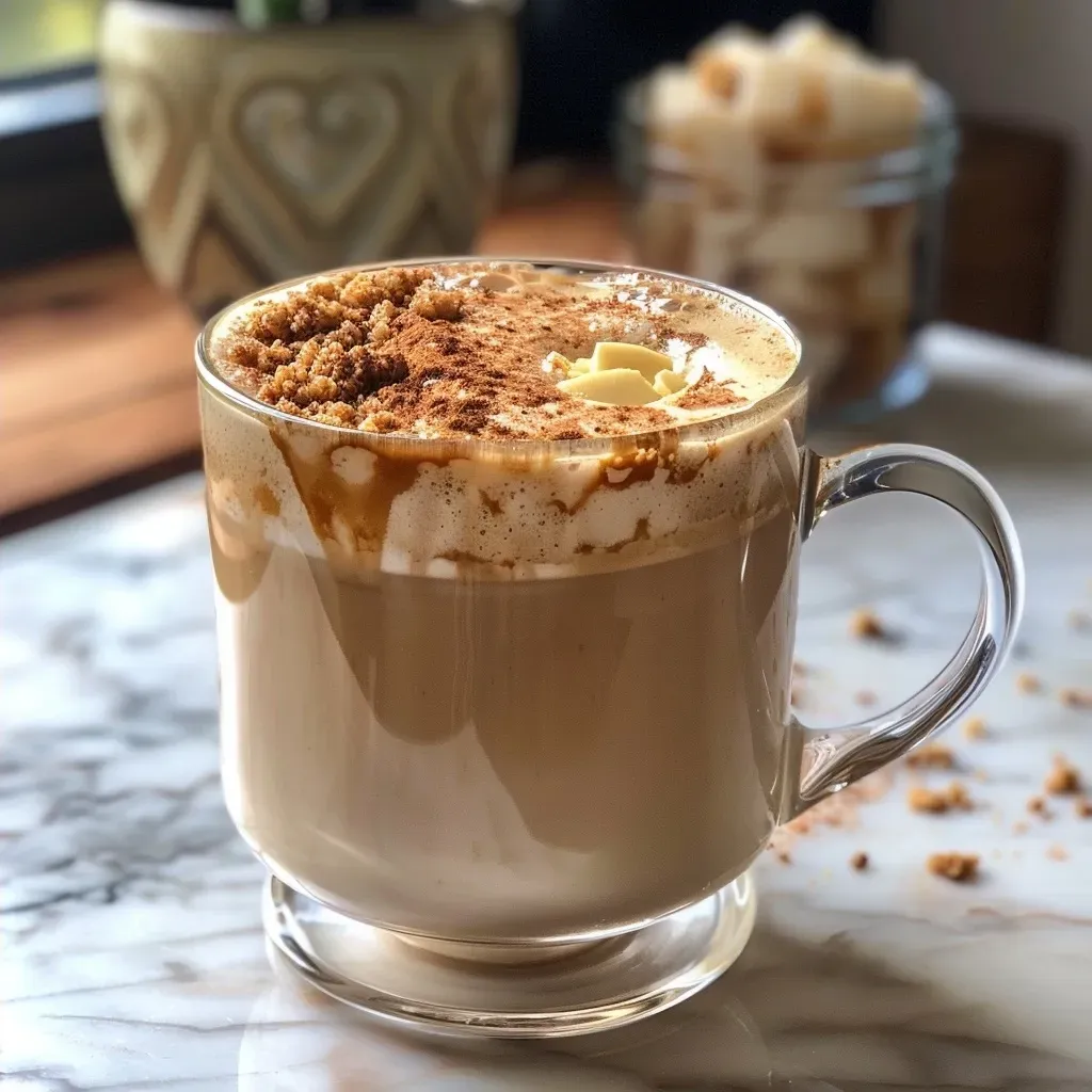 Side view of a Brown Butter Cinnamon Latte with a drizzle of brown butter and a sprinkle of cinnamon sugar.