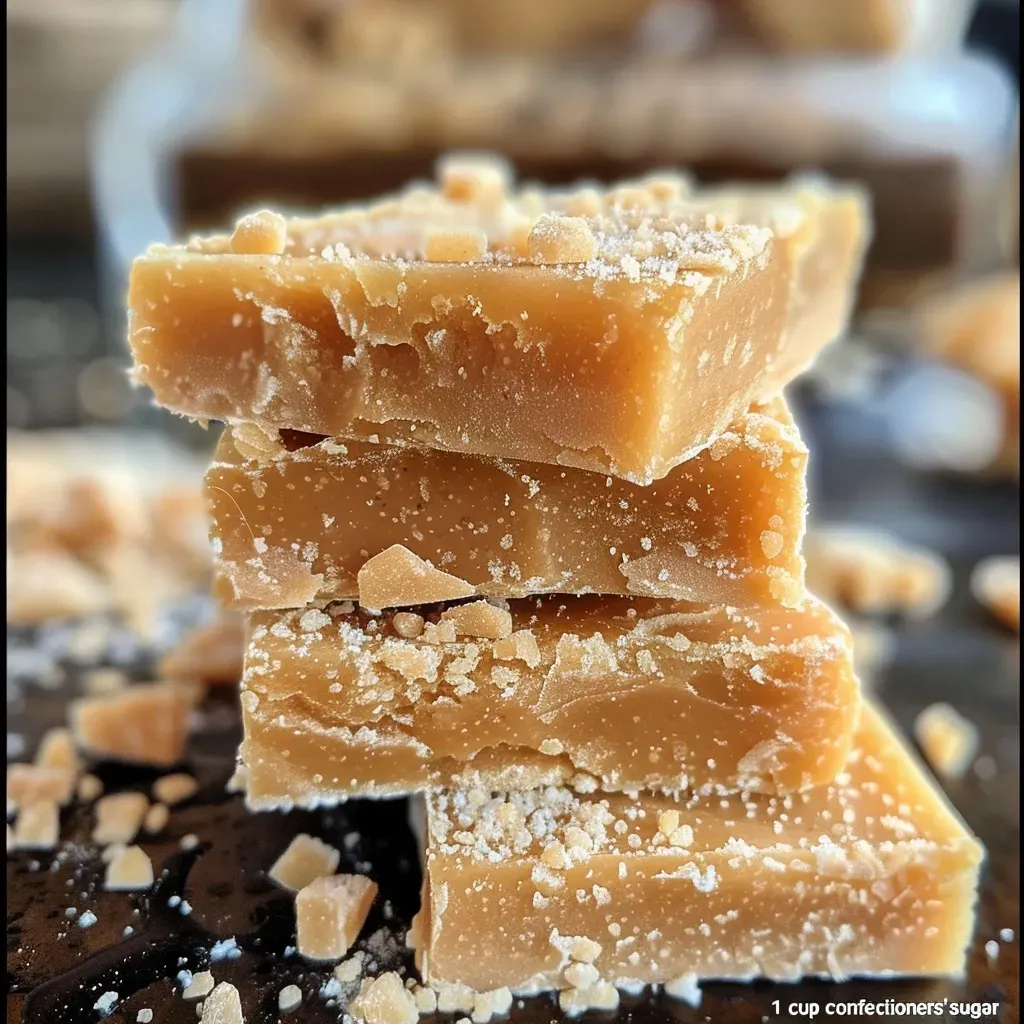 Side angle of glossy brown butter fudge cut into squares, with a smooth texture.