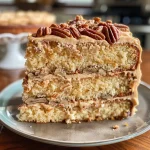 Close-up view of a richly layered Butter Pecan Cake with creamy frosting and pecan garnish.