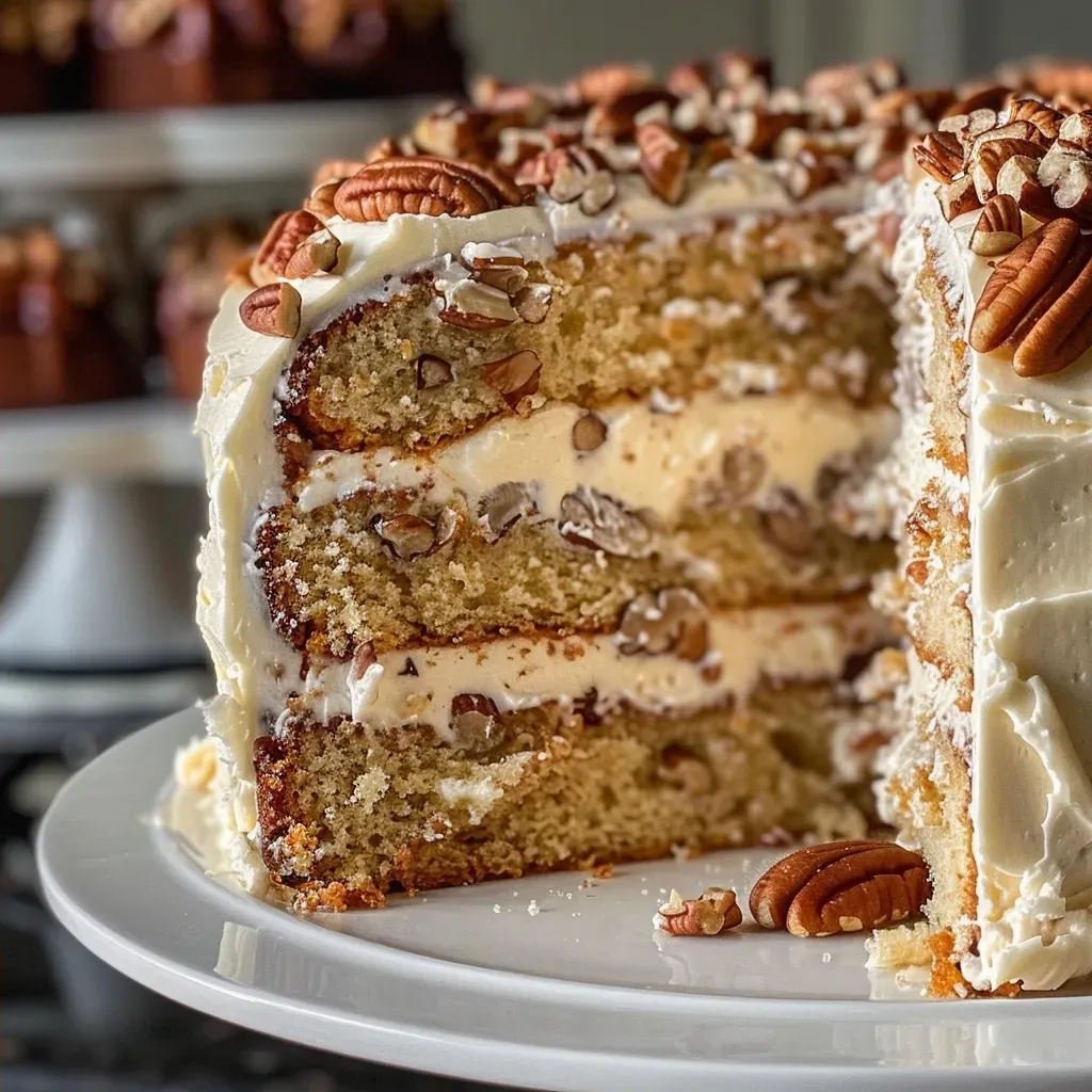 Side view of a Butter Pecan Cake, featuring smooth frosting and finely chopped pecans on top.