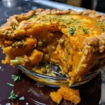 Side view of a golden-brown Butternut Squash and Lentil Pot Pie, with a flaky crust and visible filling.