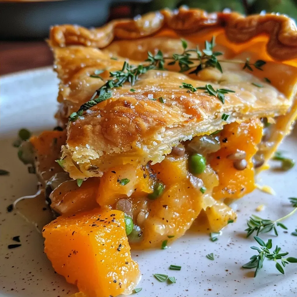 Close-up image of a pie slice revealing creamy butternut squash and lentil filling, garnished with herbs.
