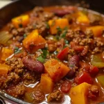Close-up view of a bowl of Butternut Squash & White Bean Chili, featuring vibrant vegetables.