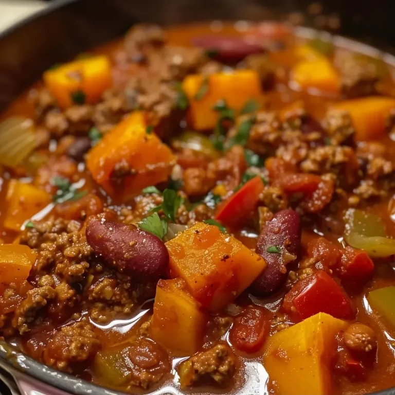 Close-up view of a bowl of Butternut Squash & White Bean Chili, featuring vibrant vegetables.