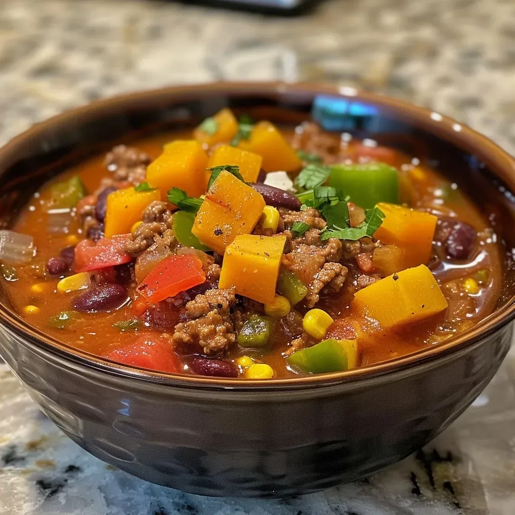 A vibrant bowl of butternut squash chili showing diced tomatoes, beans, and spices.