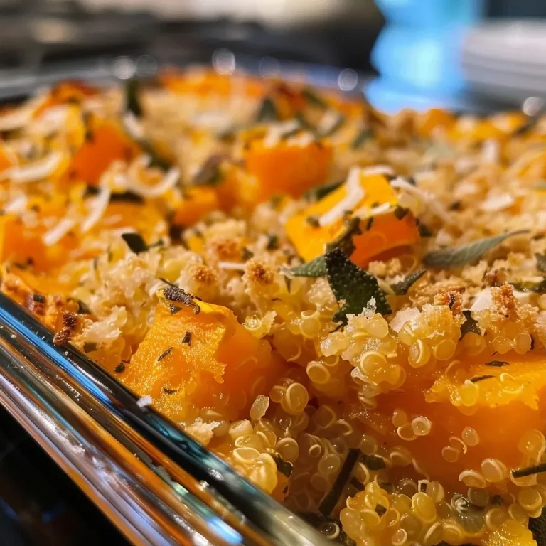 Savoring the Seasons: A Cozy Butternut Squash Quinoa Casserole Recipe Close-up side view of a golden-brown butternut squash quinoa casserole topped with melted cheese.
