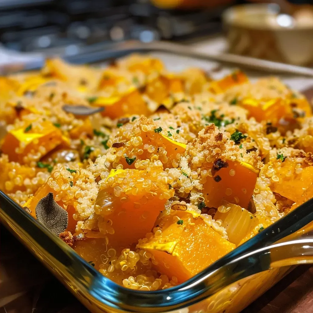 Juicy butternut squash quinoa casserole with visible spices and herbs, served in a dish.