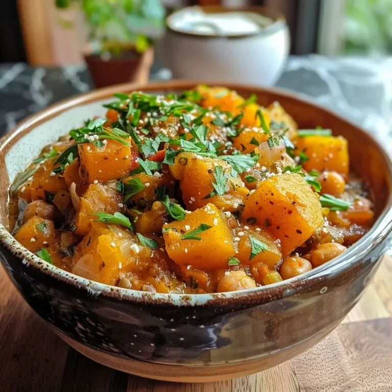 Embracing the Heartiness of Butternut Squash Stew: A Cozy Culinary Journey Close-up view of a bowl of butternut squash stew with visible chunks of squash and chickpeas.