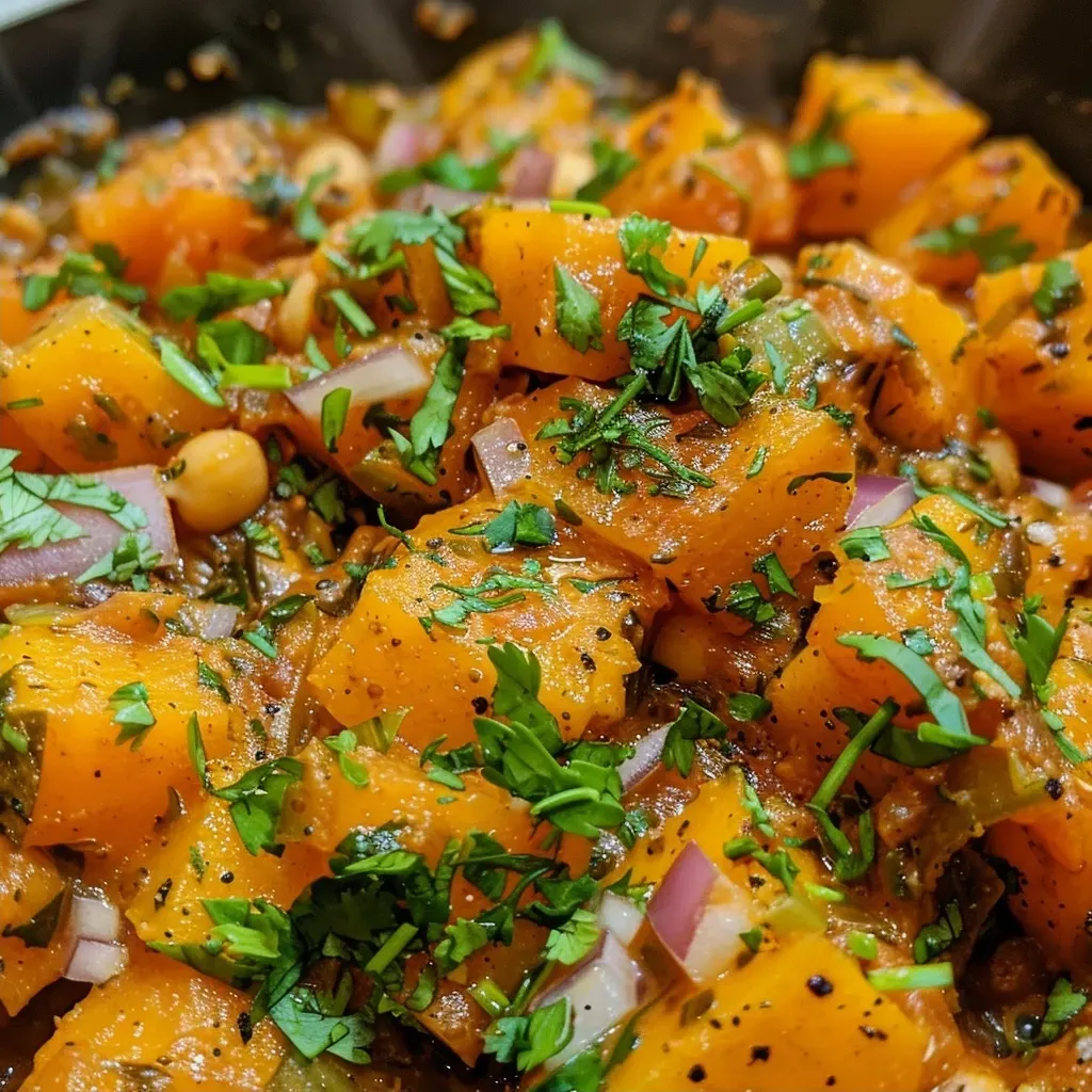 Side angle of a hearty butternut squash stew featuring vibrant colors and a creamy topping.