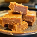 A close-up side view of creamy butterscotch fudge with a glossy finish.