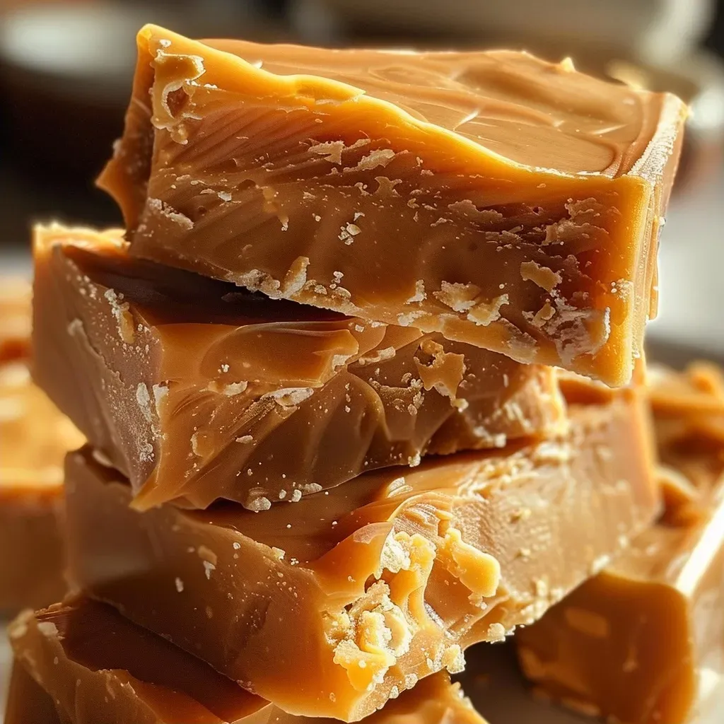 Rich butterscotch fudge displayed from the side, showcasing its smooth texture.