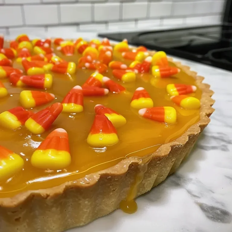 A Whimsical Twist on Fall Desserts: The Candy Corn Caramel Tart Close-up of a Candy Corn Caramel Tart showcasing its golden crust and colorful candy topping.