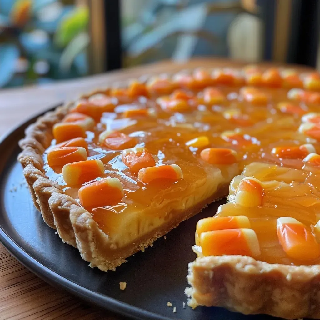 Side view of a Candy Corn Caramel Tart highlighting the caramel filling and vibrant candy corn pieces.