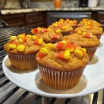 Close-up side view of Candy Corn Muffins with a golden-brown top and scattered candy corn pieces.