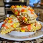 Close-up side view of freshly baked Candy Corn Scones with vibrant orange and yellow candy corn pieces.