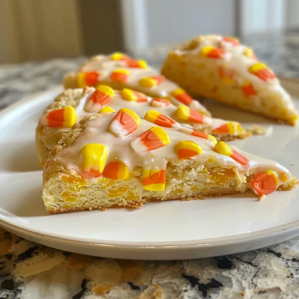 Juicy Candy Corn Scones arranged on a plate, showcasing their flaky texture and colorful candy toppings.