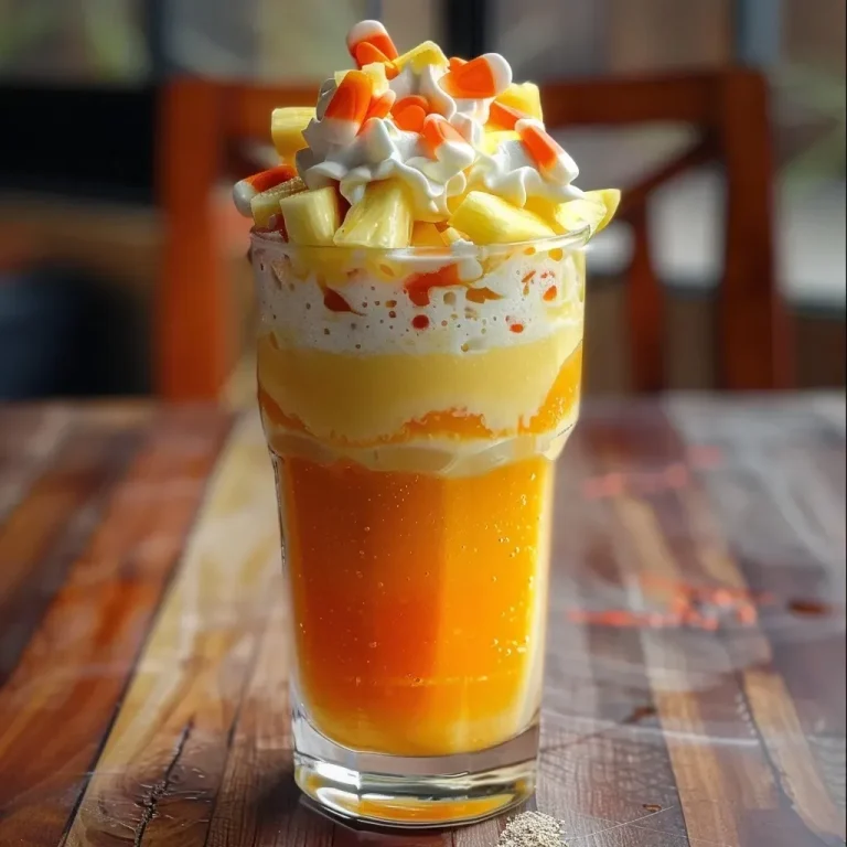 Sip into Fall: The Whimsical Candy Corn Smoothie Mocktail Close-up view of a Candy Corn Smoothie Mocktail in a glass, adorned with candy corn pieces.