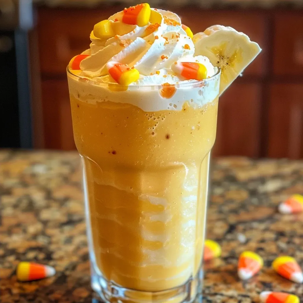 Side view of a colorful Candy Corn Smoothie Mocktail, highlighting layers of orange and yellow ingredients.