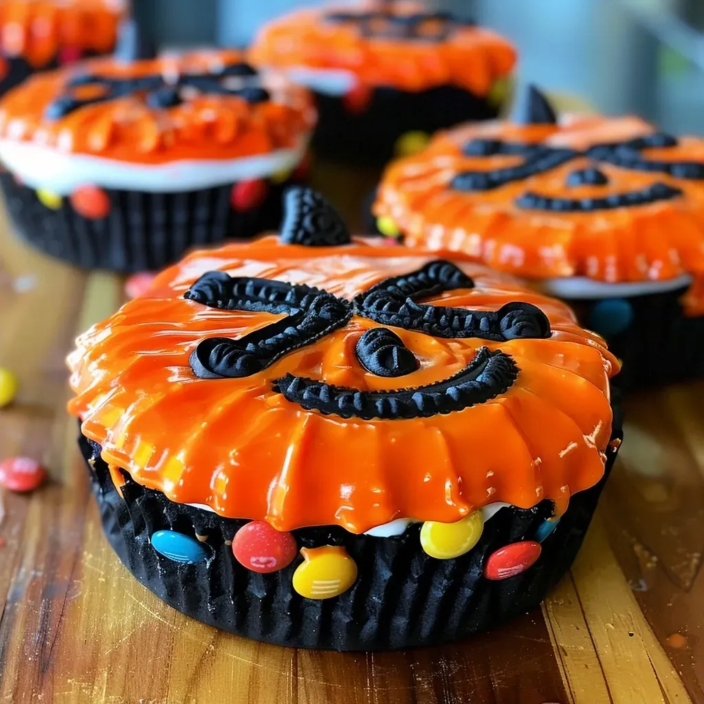 Juicy Candy Jack O' Lantern with cream cheese filling and colorful candy decorations.