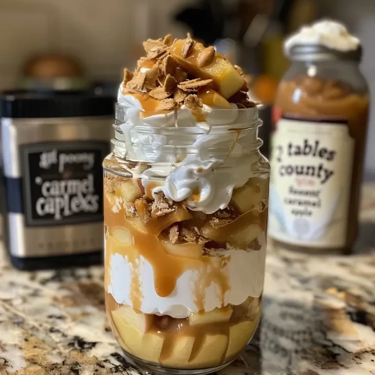 Savoring Autumn: A Layered Delight of Caramel and Spice Close-up view of a layered Caramel Apple Autumn Spice Parfait in a glass, showcasing caramel, apple butter, and whipped cream.