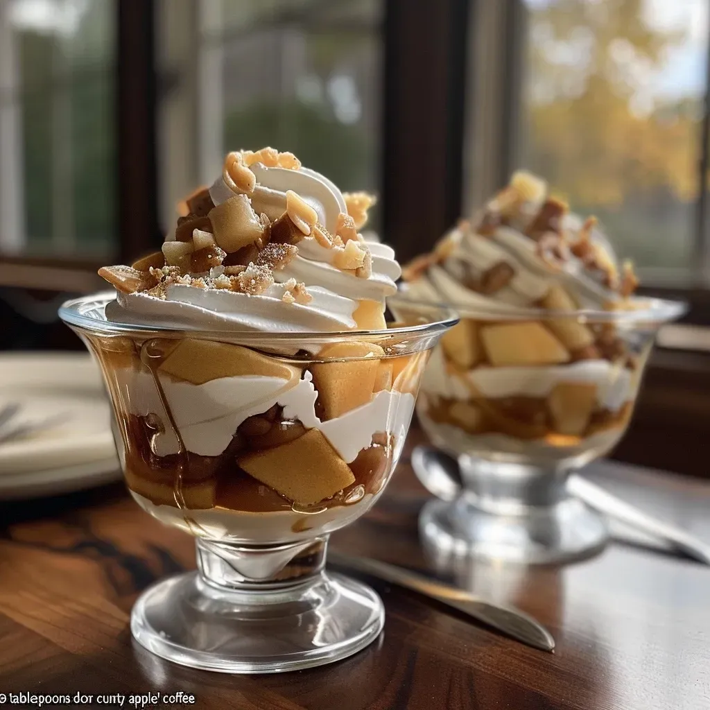 Side view of a delicious Caramel Apple Autumn Spice Parfait, highlighting fresh apple chunks and drizzled caramel.
