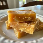Close-up view of a slice of caramel apple cider fudge with a glossy surface.