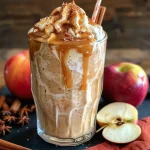 Close-up view of a creamy caramel apple cider shake with a drizzle of caramel on top.